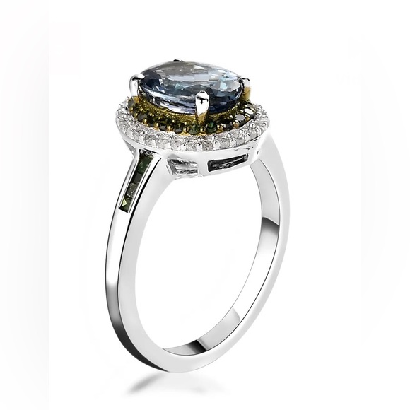 Peacock Tanzanite with Diamond Double Halo Platinum over Sterling Silver Size 8 - Picture 4 of 16